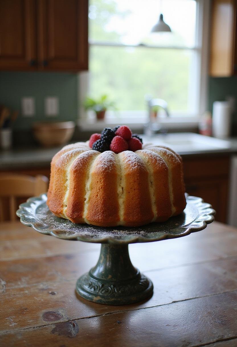 Realistic image of a Cream Cheese Pound Cake on a cake stand in a cozy home setting, with a golden crust, garnished with berries and powdered sugar, illuminated by natural light from a nearby window.