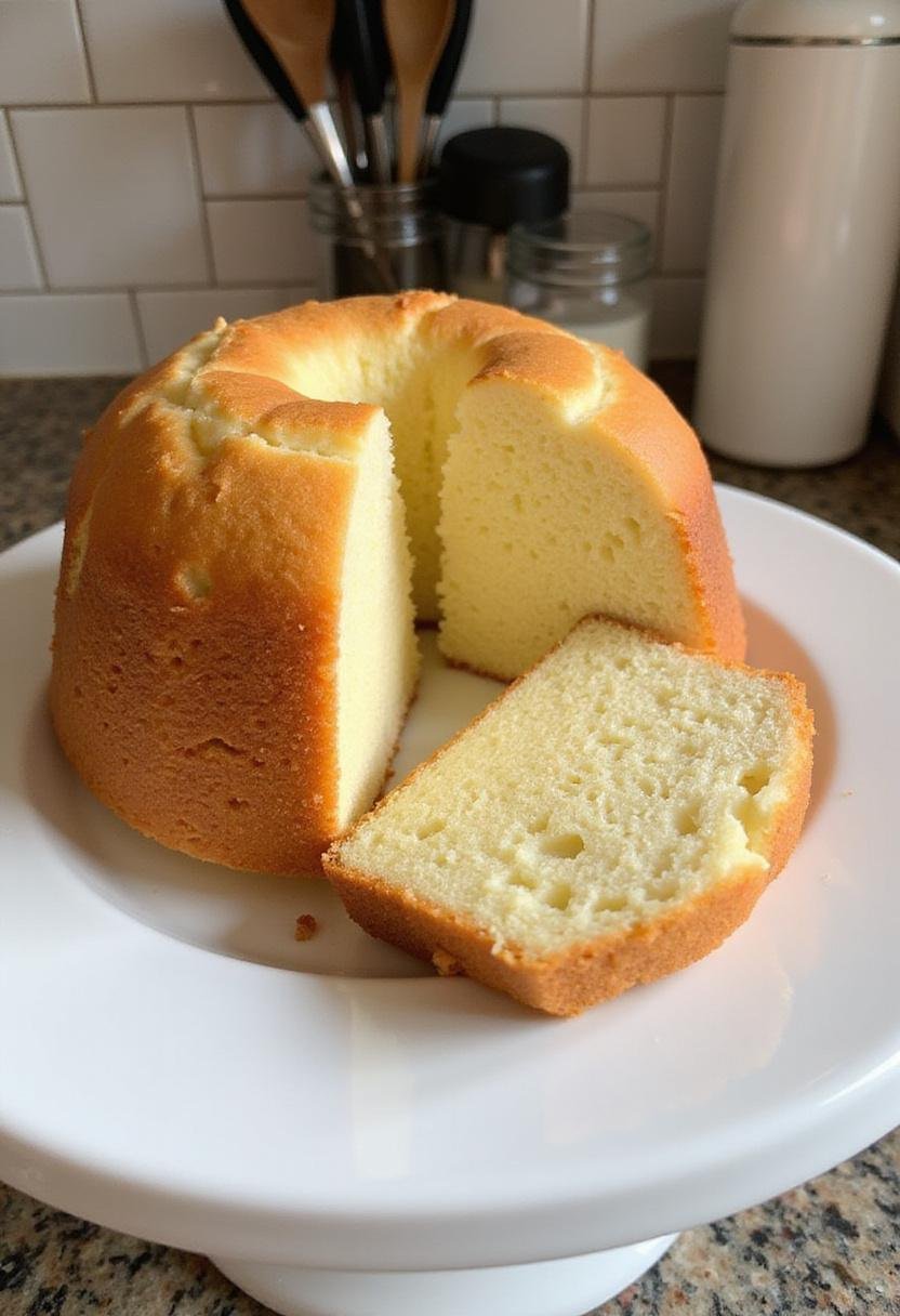 Realistic image of a Cream Cheese Pound Cake on a dessert plate in a kitchen setting, with a golden crust and a moist interior, shown on a countertop with natural light shining on the cake.
