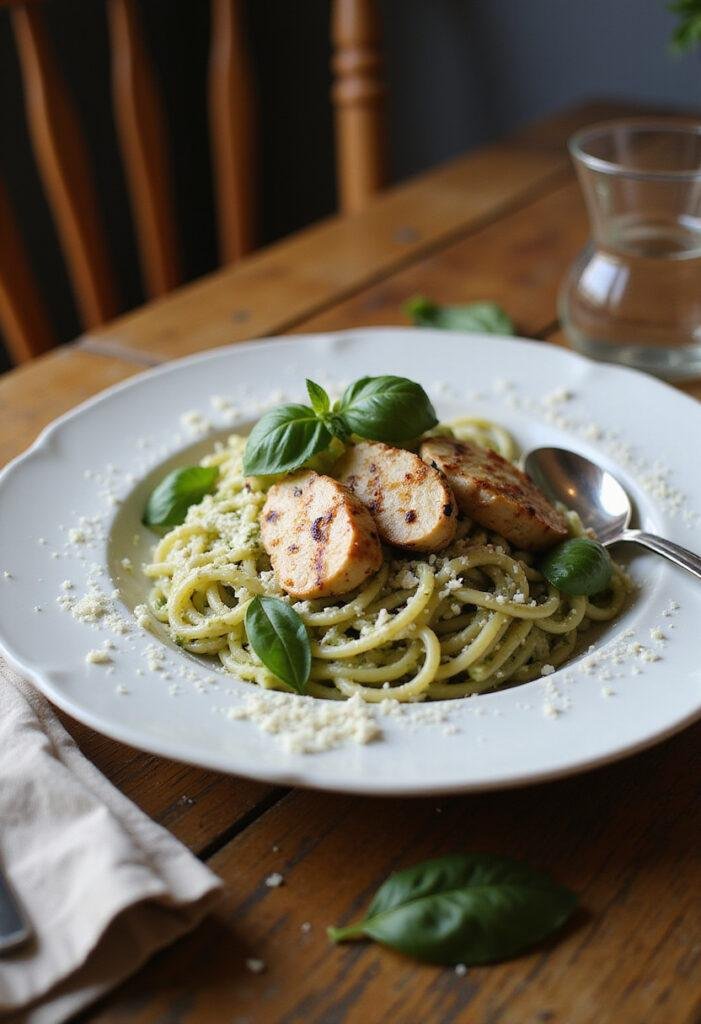 Close-up of creamy chicken pesto pasta served on a plate, featuring pasta coated in green pesto sauce with grilled chicken slices, garnished with basil leaves and Parmesan, in a cozy home dining setting.