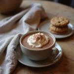 A cozy home scene featuring a mug of creamy French hot chocolate topped with whipped cream, served on a wooden table with cookies and a warm blanket nearby, creating a welcoming atmosphere.