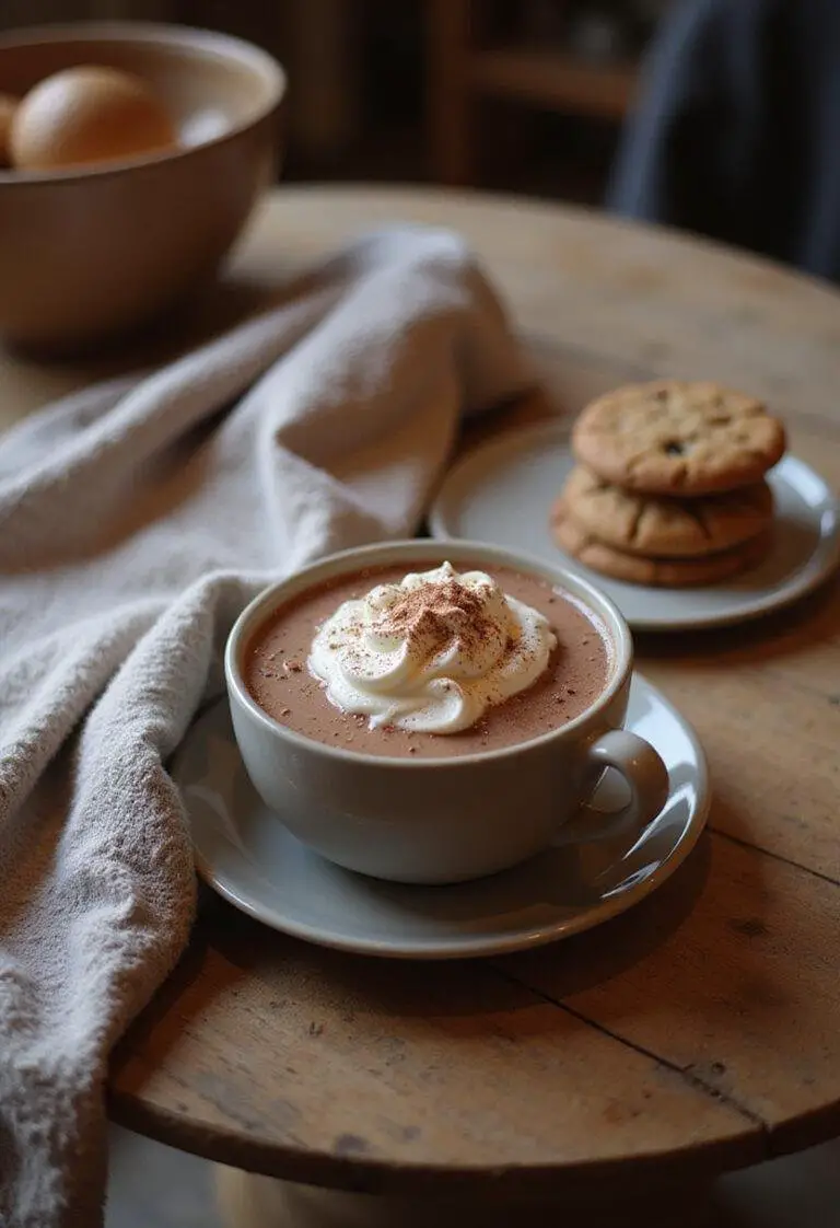A cozy home scene featuring a mug of creamy French hot chocolate topped with whipped cream, served on a wooden table with cookies and a warm blanket nearby, creating a welcoming atmosphere.