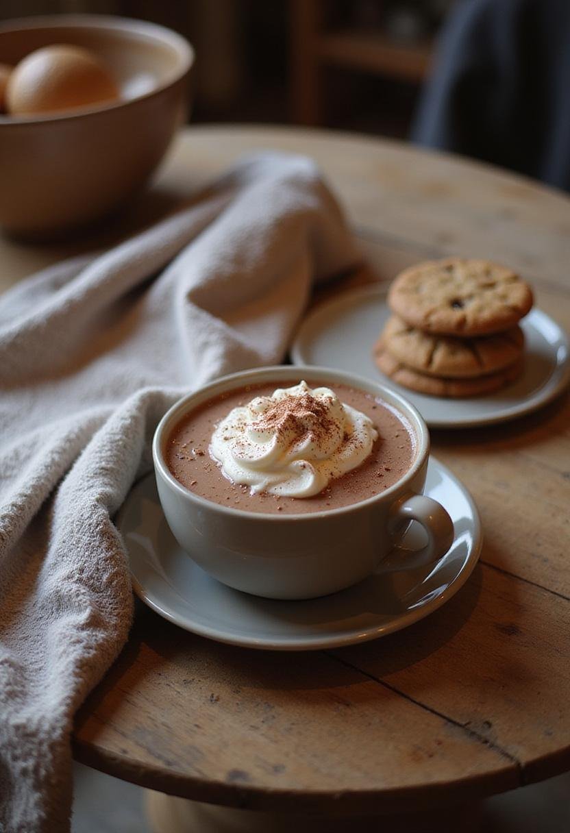 A cozy home scene featuring a mug of creamy French hot chocolate topped with whipped cream, served on a wooden table with cookies and a warm blanket nearby, creating a welcoming atmosphere.