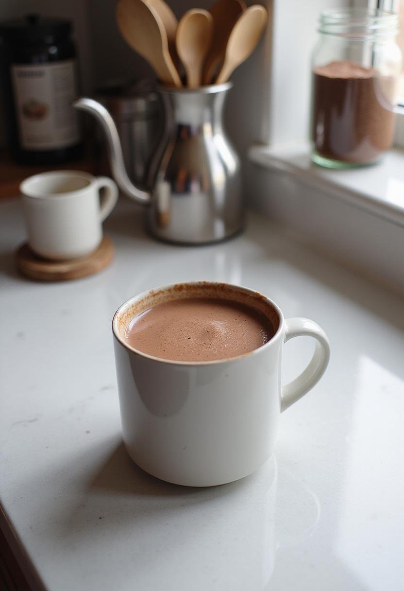A kitchen scene showing a ceramic mug of creamy French hot chocolate on a countertop, with kitchen tools and ingredients like a kettle and cocoa jar visible in a bright, organized kitchen setting.