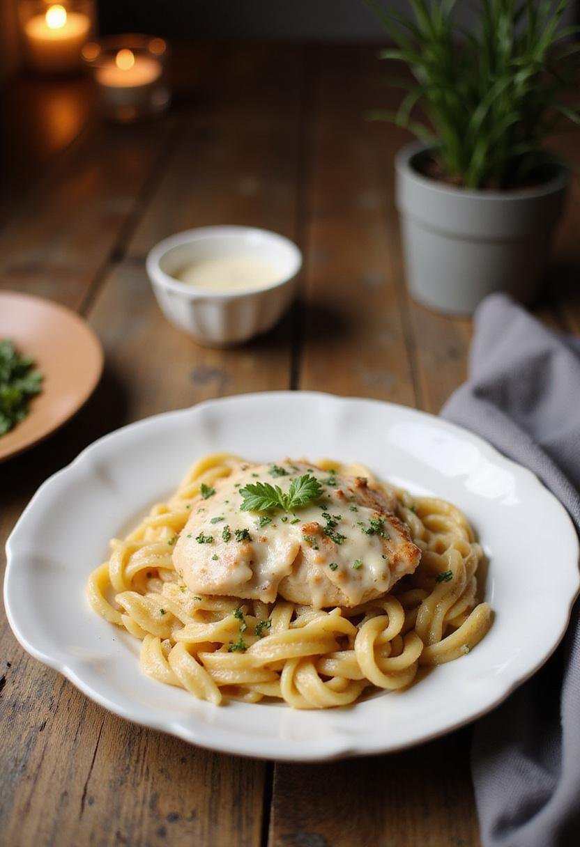 Close-up of Creamy Garlic Parmesan Chicken with Cheesy Twisted Pasta served on a white plate, featuring tender chicken topped with parmesan and herbs, alongside twisted pasta covered in creamy sauce, set in a cozy home dining area.