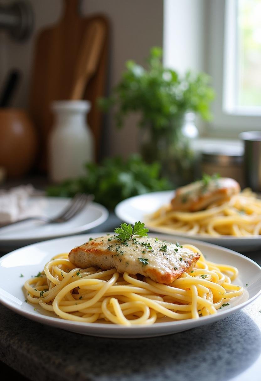Detailed image of Creamy Garlic Parmesan Chicken with Cheesy Twisted Pasta presented on a plate in a kitchen setting, with kitchen tools and ingredients visible in the background, highlighting fresh and appetizing elements.