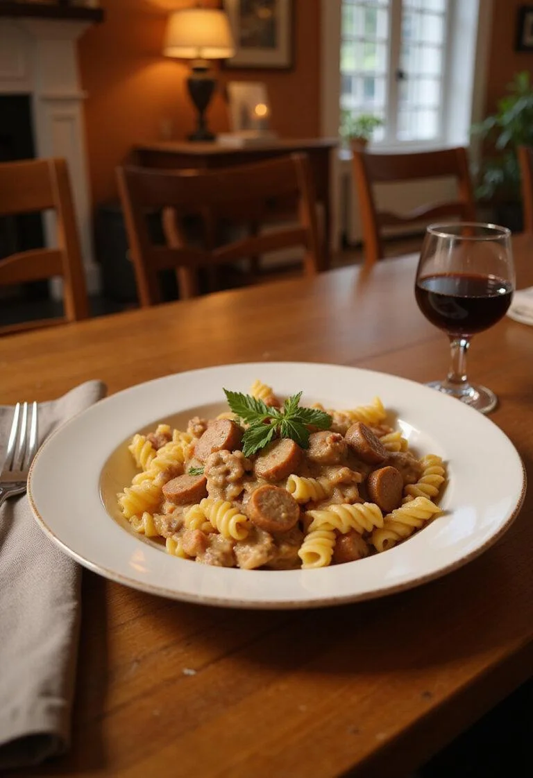 Creamy Italian sausage pasta served on a white plate in a cozy home dining setting, featuring spiral pasta with sausage slices in a creamy sauce, garnished with herbs and natural warm lighting.