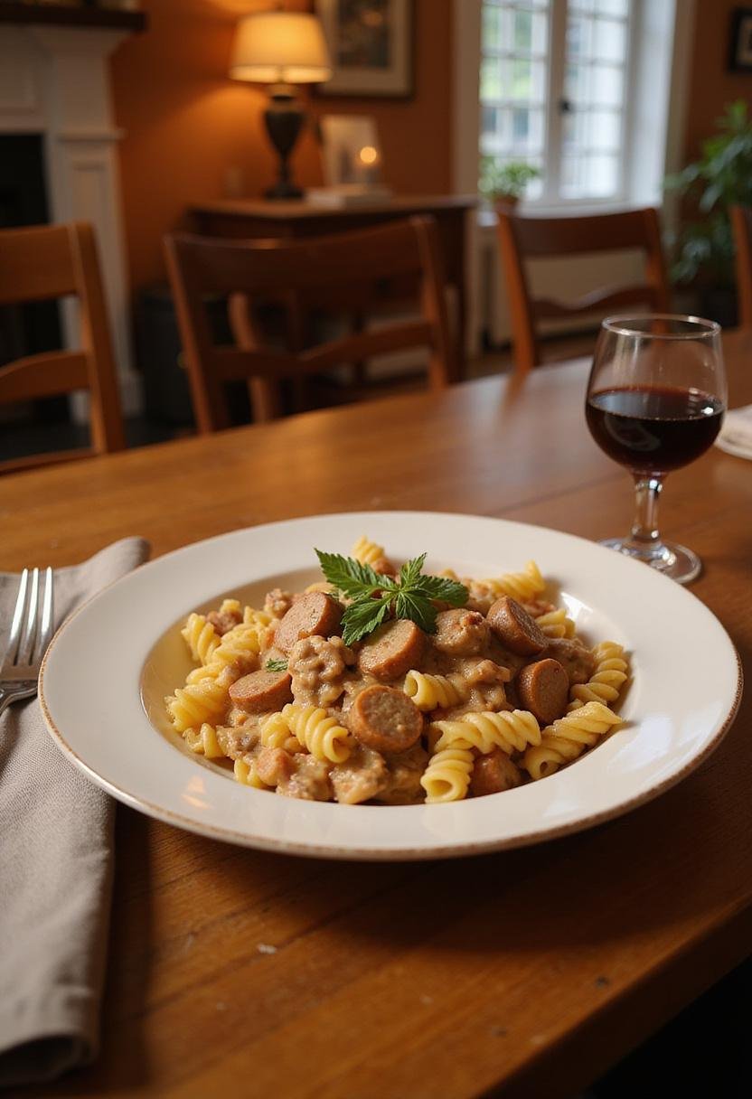 Creamy Italian sausage pasta served on a white plate in a cozy home dining setting, featuring spiral pasta with sausage slices in a creamy sauce, garnished with herbs and natural warm lighting.