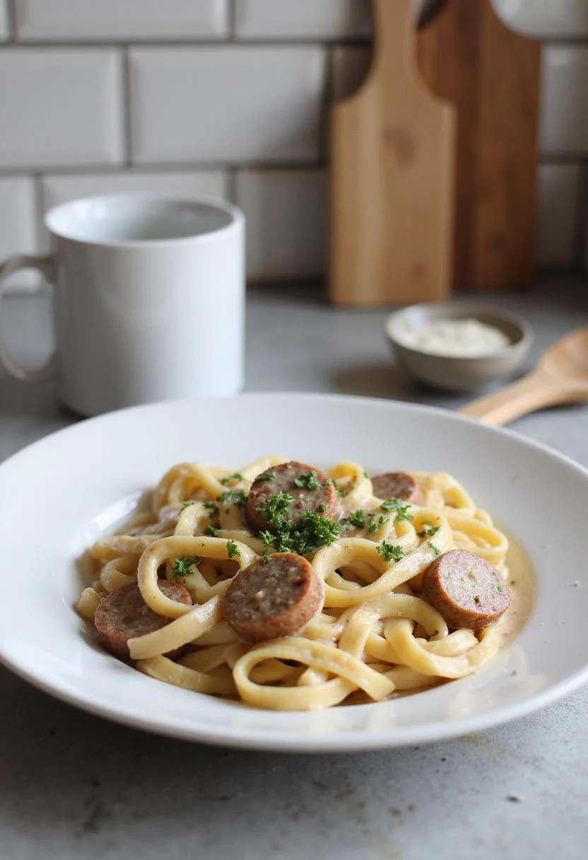 Creamy Italian sausage pasta on a white plate in a kitchen scene, featuring pasta and sausage in a creamy sauce, garnished with herbs, styled within a kitchen countertop environment.