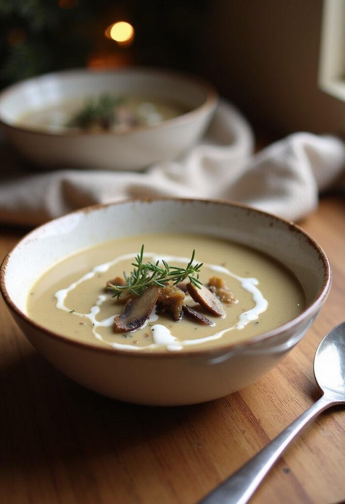 Creamy mushroom soup in a white bowl with thyme garnish, served on a wooden table in a cozy home setting with warm lighting and a cloth napkin.