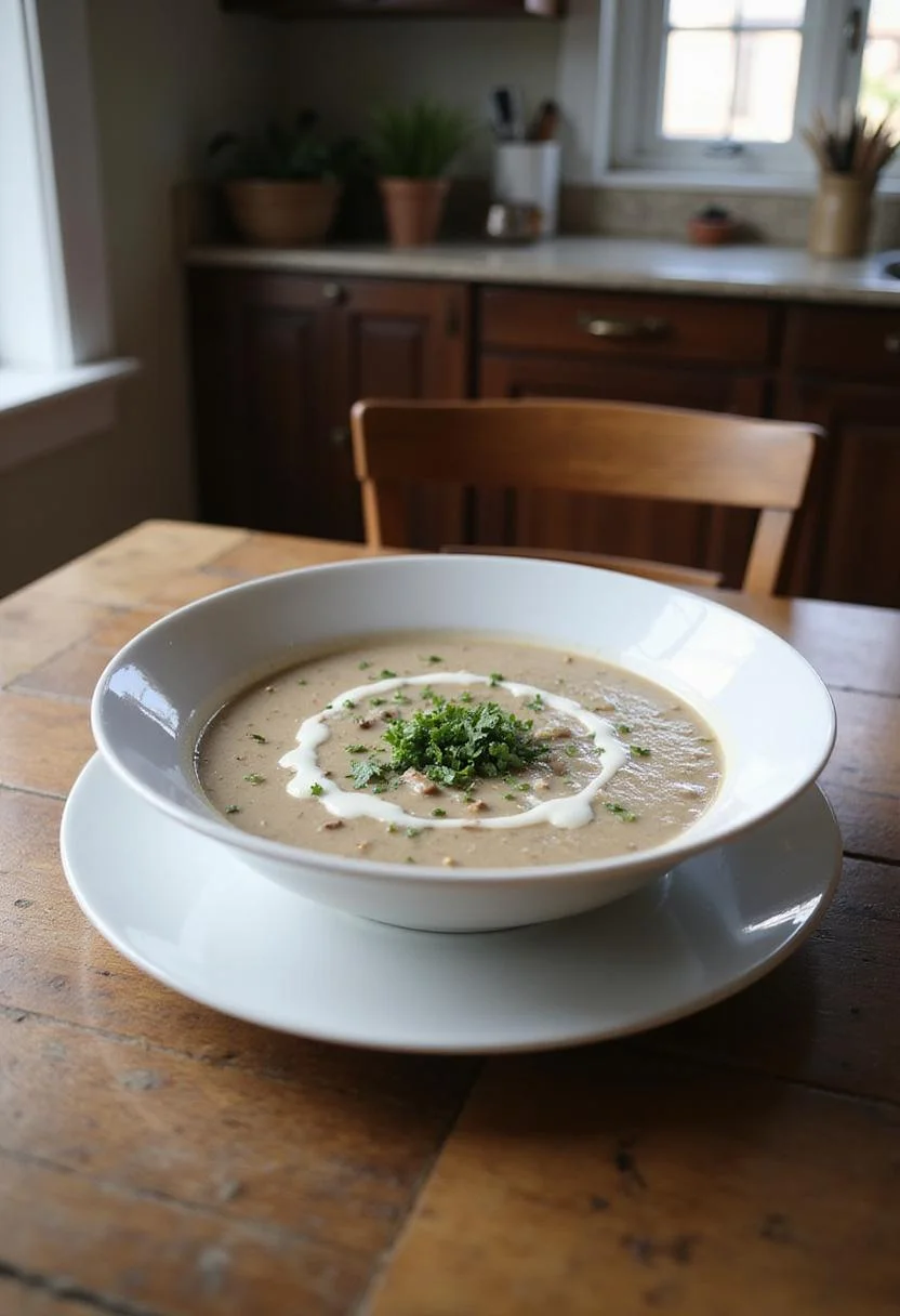 Creamy mushroom soup in a white bowl with herbs and cream swirl, displayed on a wooden table in a cozy kitchen setting with natural lighting.