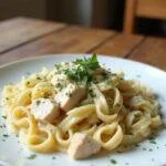 A realistic image of creamy ricotta chicken pasta served on a white plate in a cozy home kitchen, featuring tender pasta with chicken in a creamy sauce and garnished with herbs.