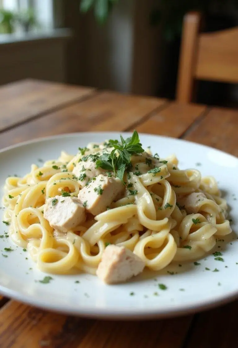 A realistic image of creamy ricotta chicken pasta served on a white plate in a cozy home kitchen, featuring tender pasta with chicken in a creamy sauce and garnished with herbs.