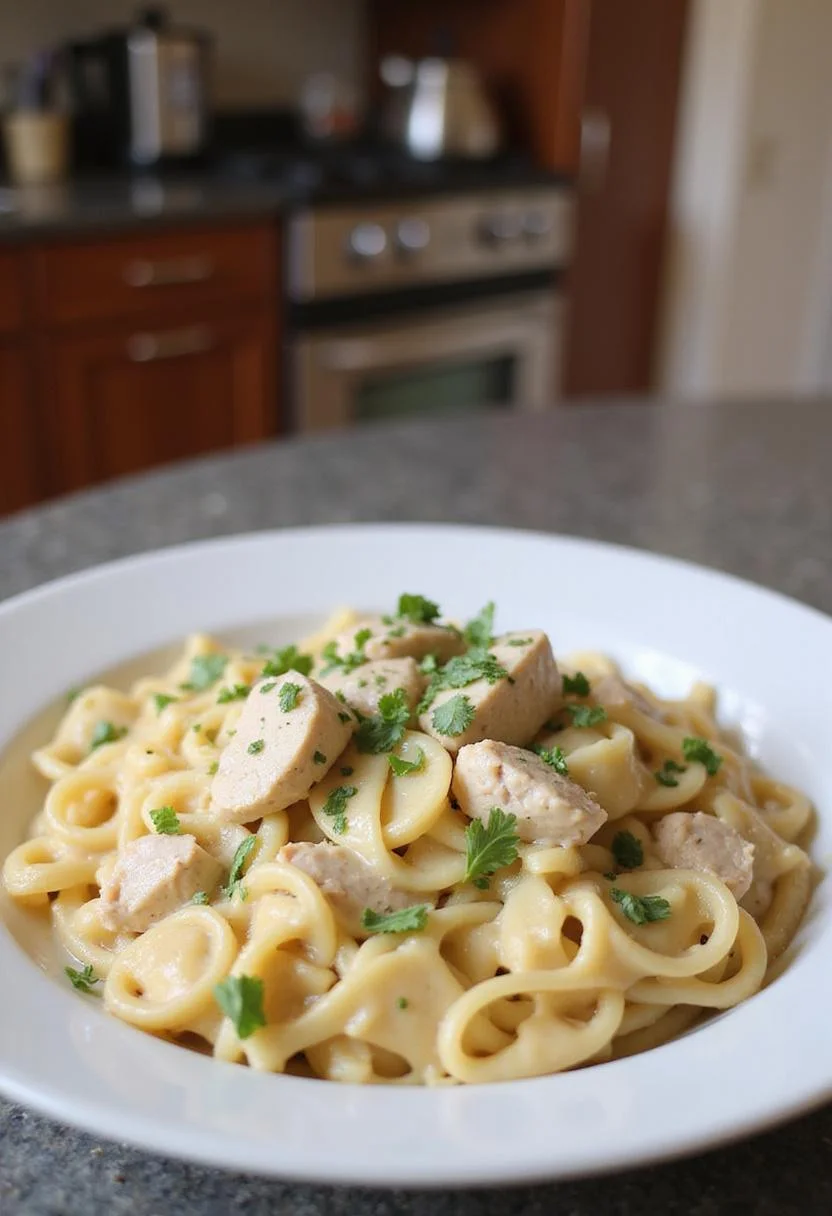 A realistic image of creamy ricotta chicken pasta on a plate, presented in a kitchen setting with a warm atmosphere, featuring creamy pasta with chicken and herbs.