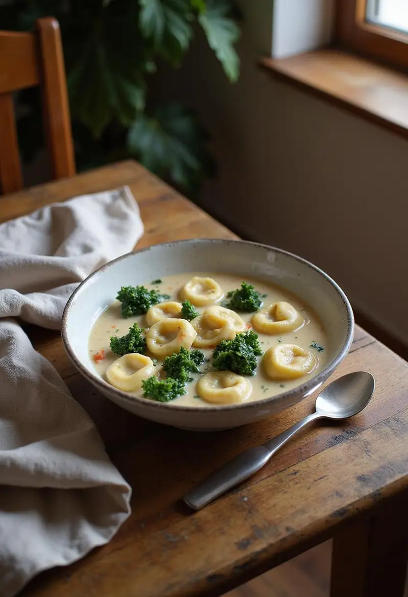 A cozy home setting with a bowl of creamy vegetarian tortellini soup with kale, featuring tortellini, kale leaves, and a creamy broth served on a wooden table with warm light, a spoon, and a cloth napkin, showcasing a comforting meal.
