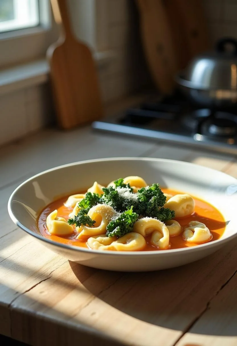 A realistic kitchen scene showing a plate of creamy vegetarian tortellini soup with kale, garnished and presented on a countertop with kitchen utensils and a stove in the background, emphasizing a freshly prepared, hearty meal.