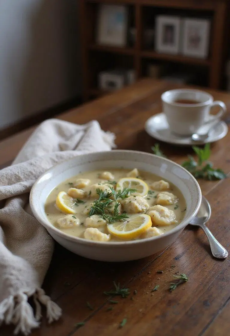A cozy home setting with a bowl of Creamy Winter Lemon Chicken Gnocchi Soup on a wooden table, garnished with herbs and lemon slices, topped with fresh herbs, in a warm and inviting environment.