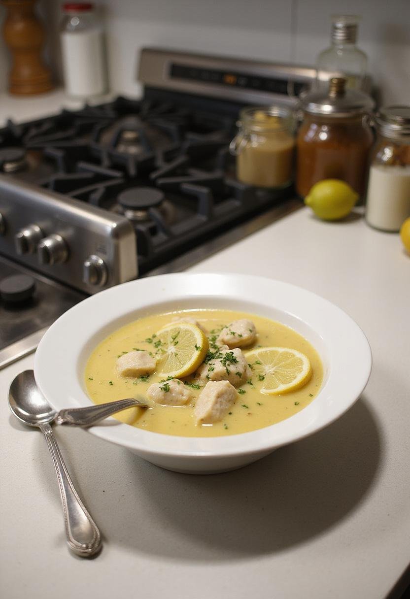 A realistic image of Creamy Winter Lemon Chicken Gnocchi Soup served in a white bowl on a kitchen countertop, garnished with lemon and herbs, with a spoon nearby, in a cozy kitchen setting.