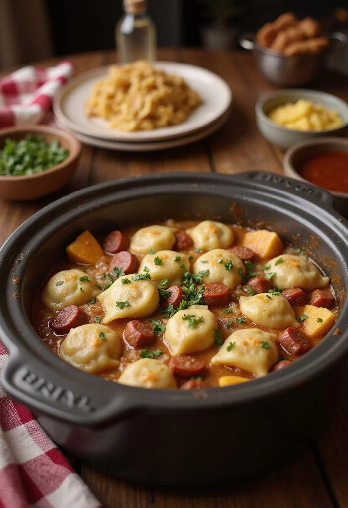 A cozy home setting with a crockpot pierogi casserole with kielbasa served on a wooden table, topped with herbs, featuring a warm, inviting atmosphere suitable for a comforting meal.