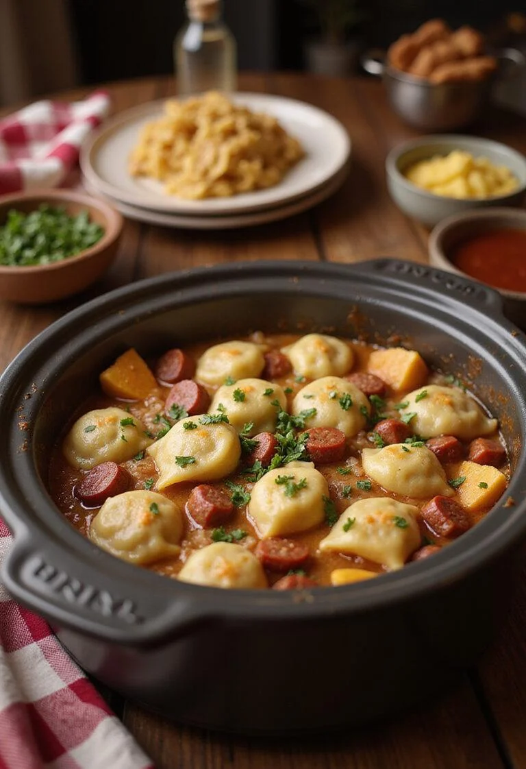 A cozy home setting with a crockpot pierogi casserole with kielbasa served on a wooden table, topped with herbs, featuring a warm, inviting atmosphere suitable for a comforting meal.