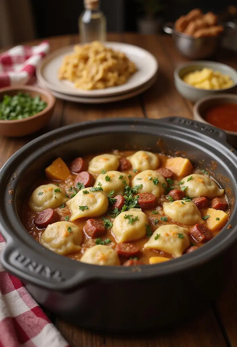 A cozy home setting with a crockpot pierogi casserole with kielbasa served on a wooden table, topped with herbs, featuring a warm, inviting atmosphere suitable for a comforting meal.