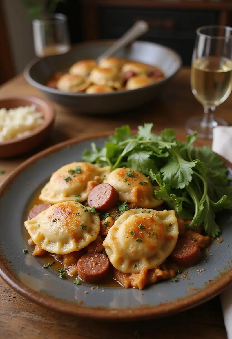 A home dinner scene showing a plate of crockpot pierogi casserole with kielbasa, garnished with herbs, on a cozy table with natural lighting and simple background for a comforting meal presentation.