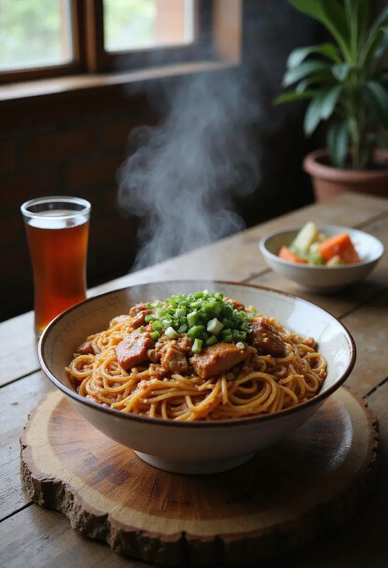 A realistic image of Dan Dan Noodles served in a cozy home setting, featuring thin noodles with spicy sauce, chopped green onions, crushed peanuts, and diced pork, on a wooden table with tea and pickled vegetables.