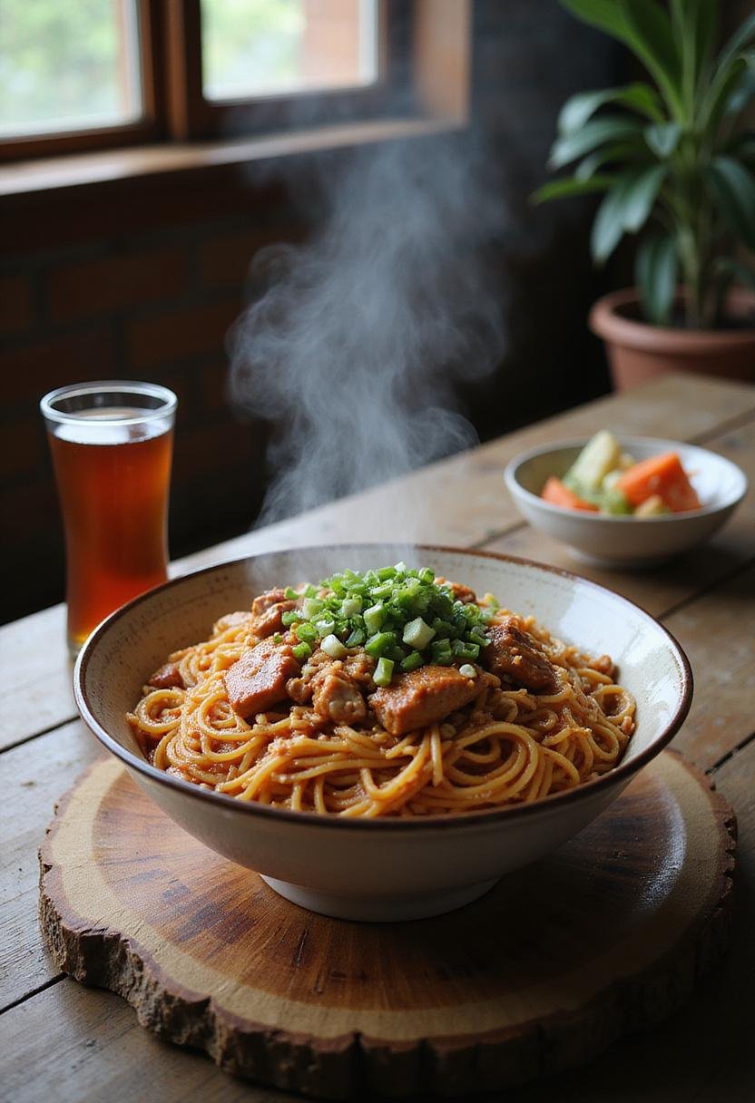 A realistic image of Dan Dan Noodles served in a cozy home setting, featuring thin noodles with spicy sauce, chopped green onions, crushed peanuts, and diced pork, on a wooden table with tea and pickled vegetables.