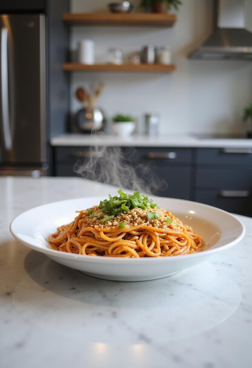 A realistic image of Dan Dan Noodles on a plate in a modern kitchen, showing the detailed toppings and vibrant colors of the dish with a clean, organized background.