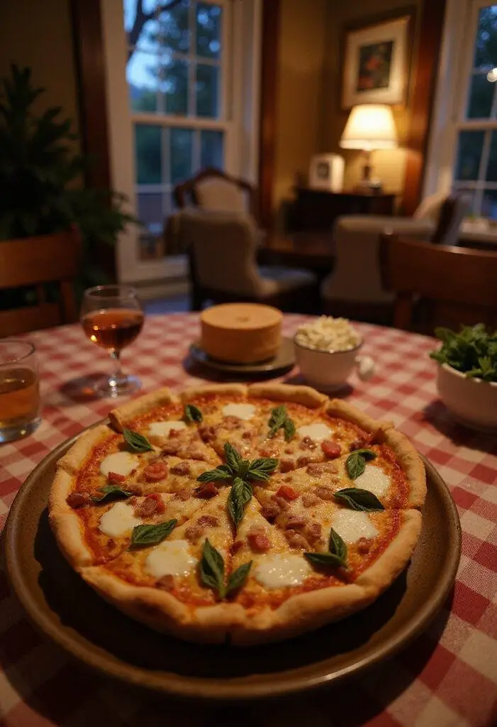 A deep-dish pizza pie on a rustic plate, topped with cheese and fresh ingredients, placed on a wooden table in a cozy home environment, evoking comfort and homestyle dining.