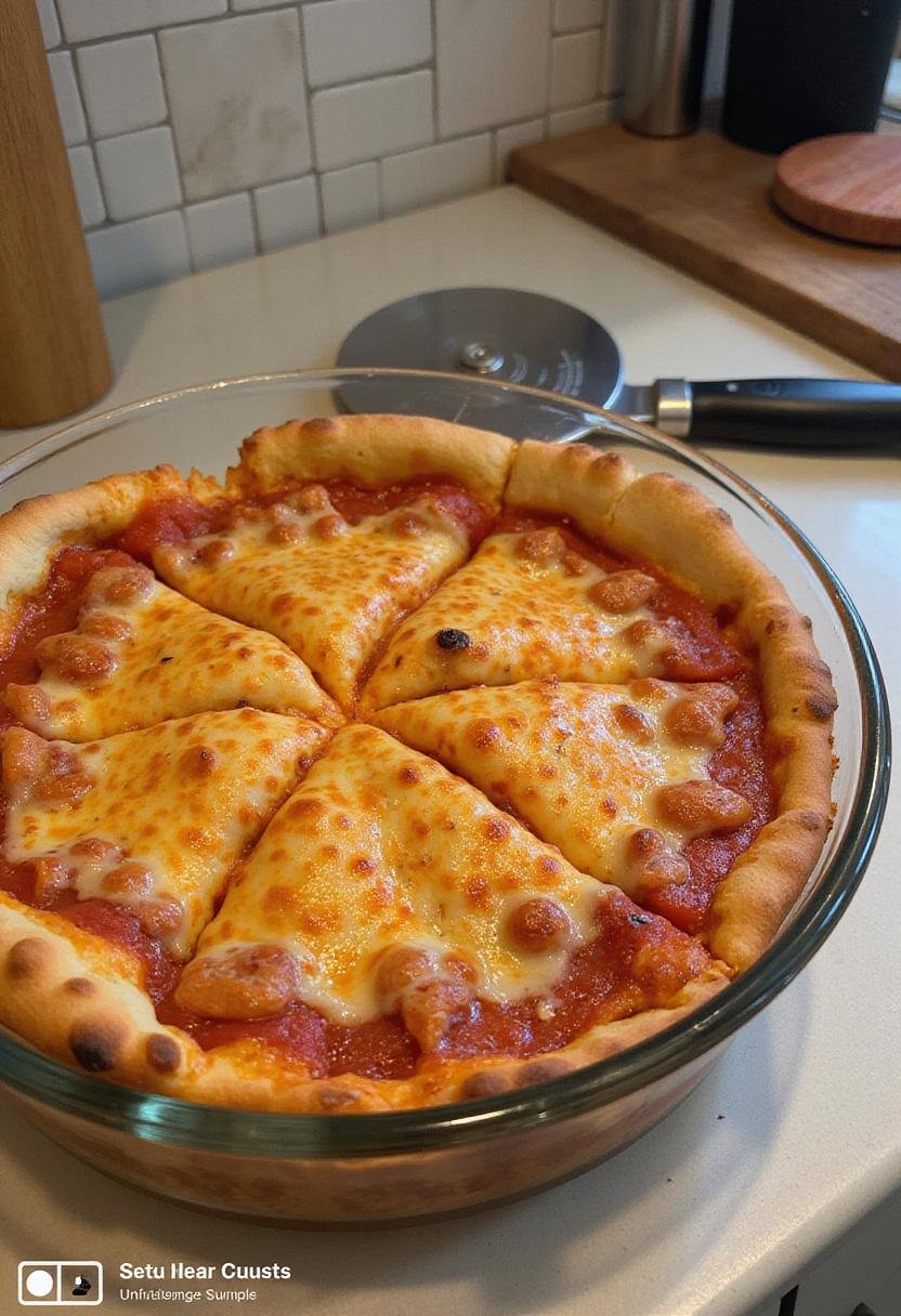 A freshly baked deep-dish pizza in a glass baking dish on a kitchen countertop, with a pizza cutter nearby and a tiled backsplash, highlighting a homemade, hearty pizza in a modern kitchen setting.
