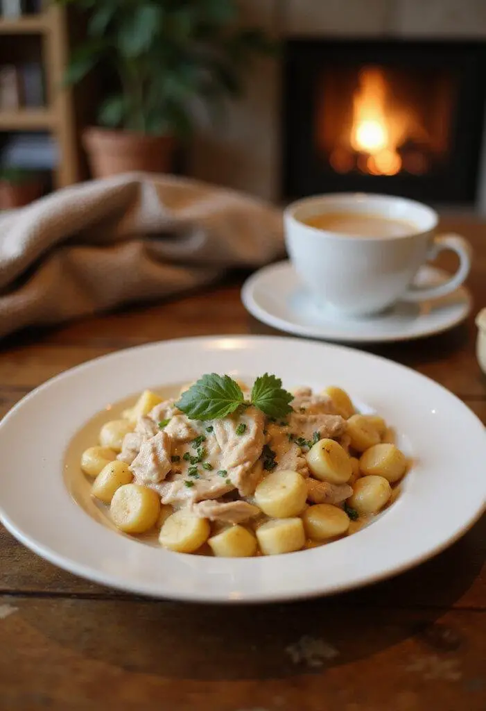 A cozy home setting with a beautifully plated dish of creamy crack chicken gnocchi on a wooden table, featuring tender gnocchi in a creamy sauce with shredded chicken and fresh herbs, warm ambient lighting, and home decor elements.