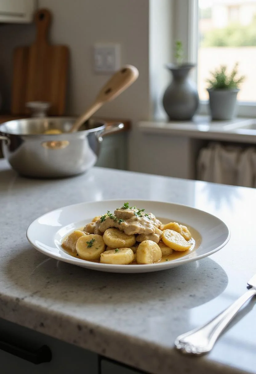 In a kitchen setting, a plate of creamy crack chicken gnocchi garnished with herbs rests on a countertop. The scene has natural sunlight, kitchen utensils nearby, and a warm, inviting atmosphere highlighting the delicious dish.