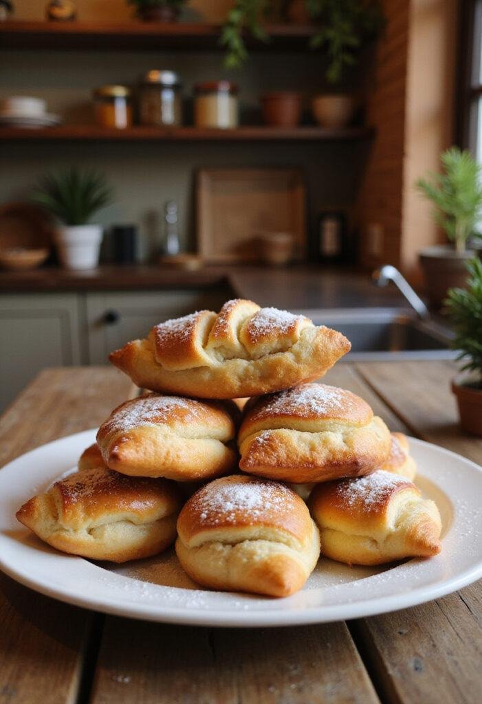 A realistic image of delicious cruffins plated on a table in a cozy home kitchen setting, showcasing golden, flaky pastries with powdered sugar, surrounded by homey kitchen decor.