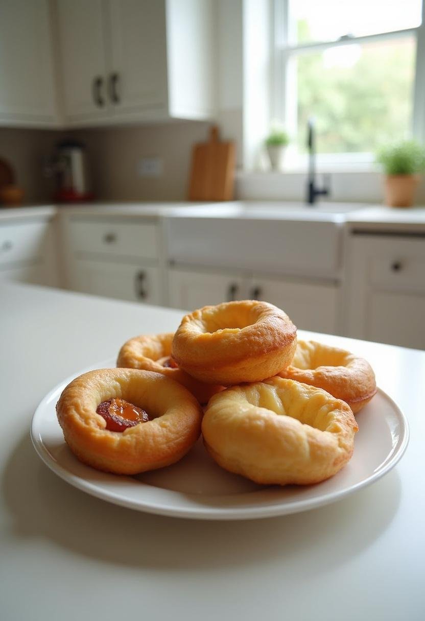A realistic scene of cruffins on a plate in a home kitchen, highlighting their flaky, golden exterior and filling, with a bright and tidy kitchen background.