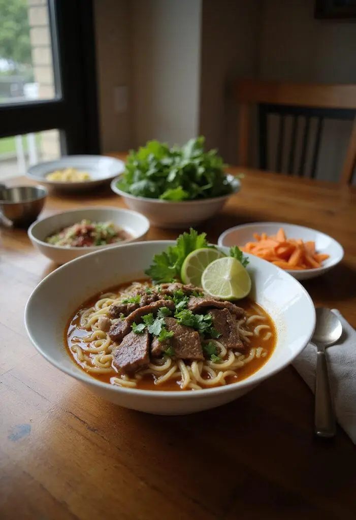 A cozy home setting featuring a bowl of Delicious Satay Beef Noodle Soup with beef, noodles, herbs, and lime, on a wooden table in a warm kitchen environment, evoking comfort and homeliness.