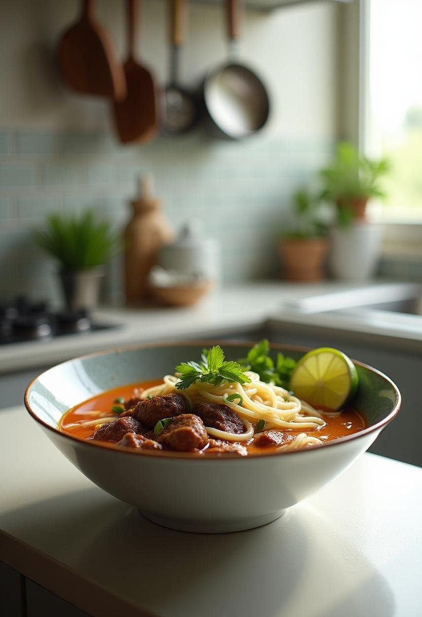 A professional kitchen scene showing a bowl of Delicious Satay Beef Noodle Soup with beef, noodles, and garnishes, set on a countertop with kitchen tools in the background, emphasizing freshness and home cooking.