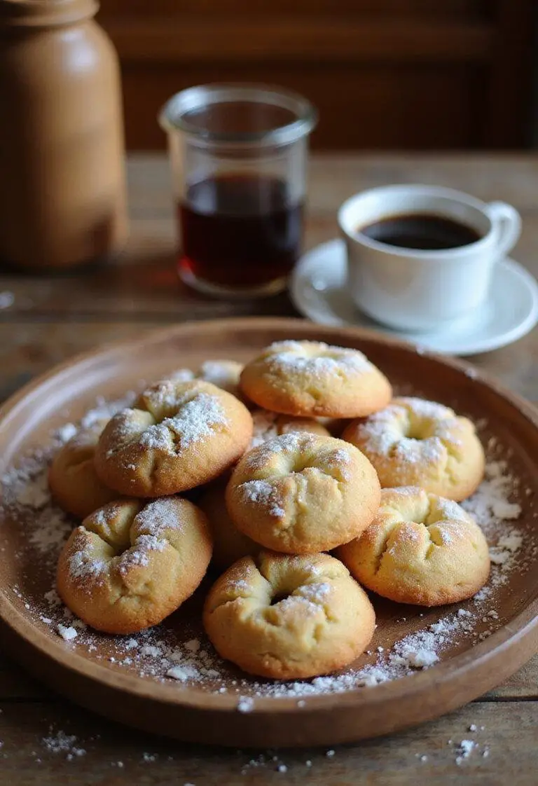 Dubai cookies arranged on a wooden plate in a cozy home setting, with warm lighting and a jar of coffee nearby, emphasizing their soft texture and powdered sugar topping as a popular treat.