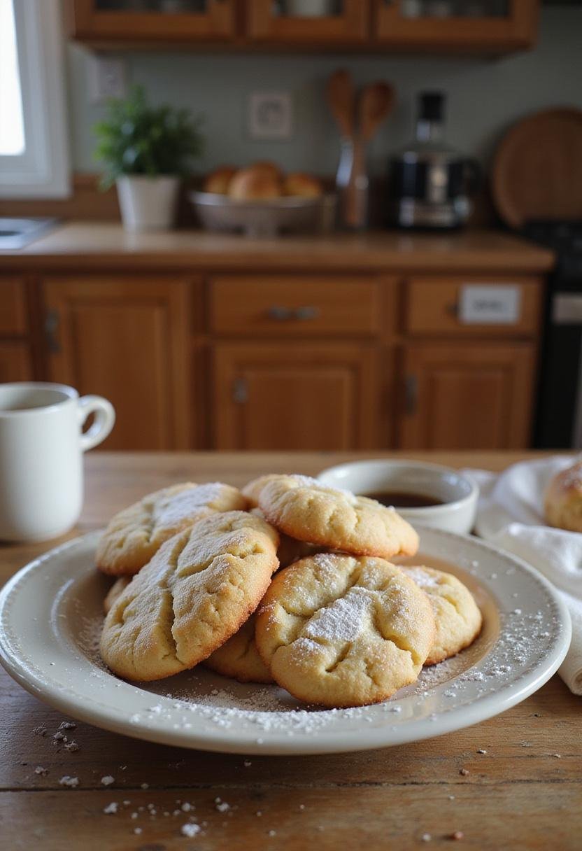 Dubai cookies presented on a ceramic plate in a kitchen setting, highlighting their golden-brown appearance and powdered sugar topping in a warm, homey environment.