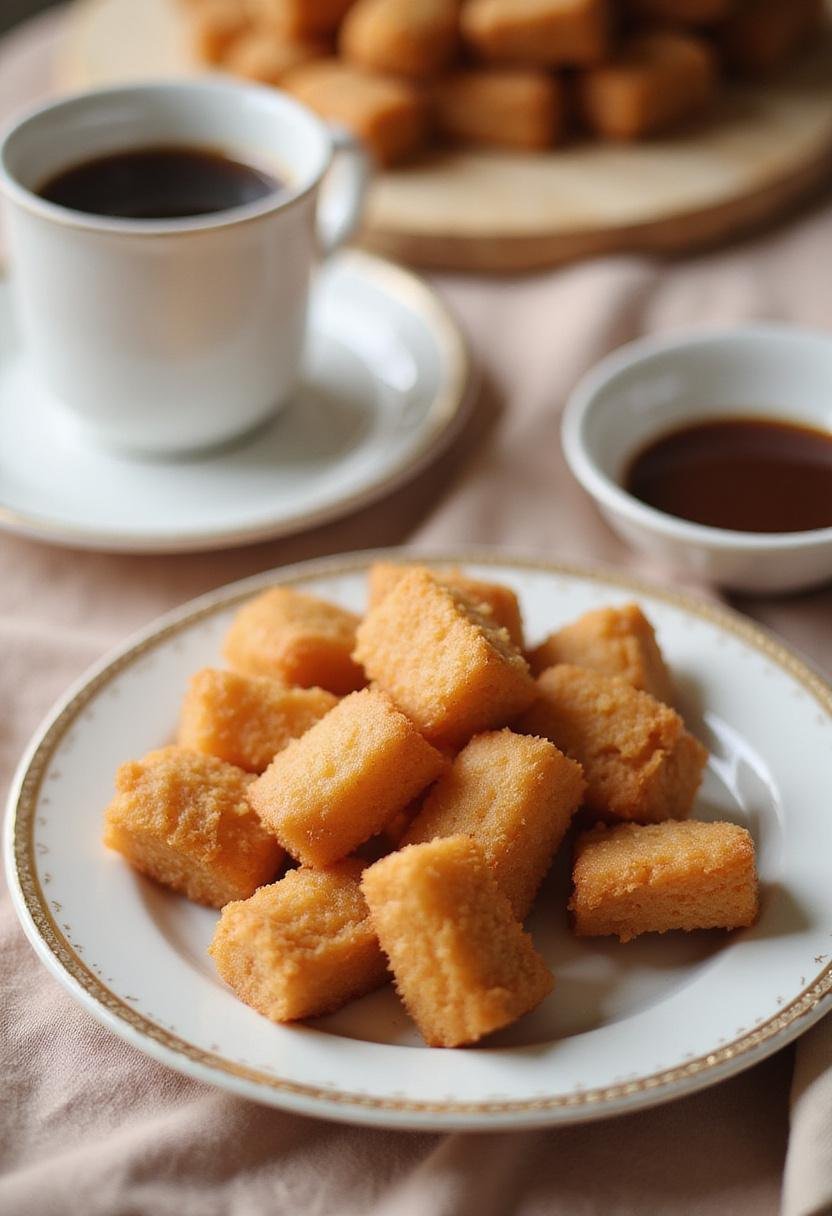 Freshly made Angel Cake Churro Bites on a plate, presented in a cozy home setting with coffee and chocolate sauce for a delicious dessert look.