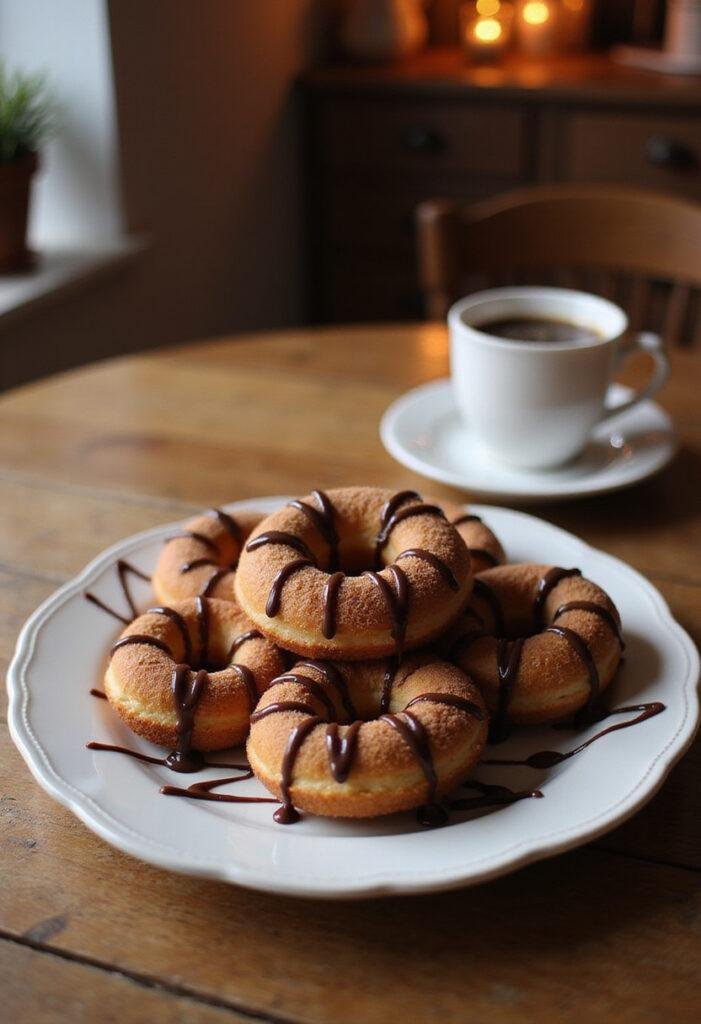 A cozy home setting showing golden churro cruffins on a white plate, coated with cinnamon sugar and drizzled with chocolate sauce, served with a cup of coffee on a wooden table.