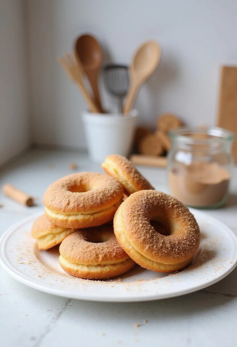 In a kitchen setting, golden churro cruffins with cinnamon sugar are served on a dessert plate on a countertop, with baking tools and cinnamon jar in the background, under bright lighting.