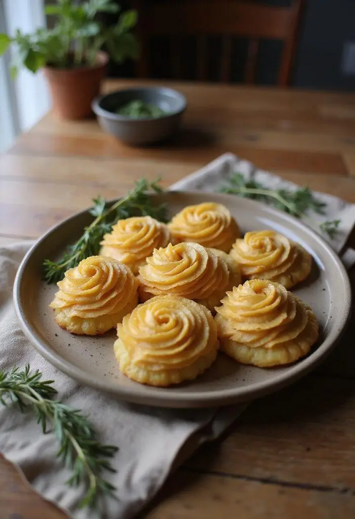 Realistic image of Easy Duchess Potatoes plated on a ceramic dish in a cozy home setting with warm lighting, crispy golden-brown potato rosettes garnished with herbs, on a wooden table.