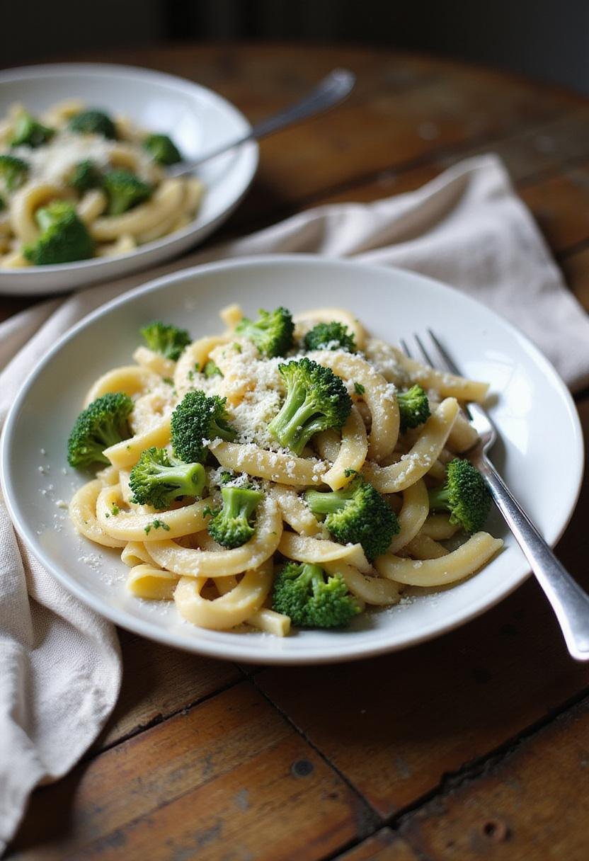 A plate of healthy broccoli pasta with green broccoli florets and pasta in a creamy sauce, garnished with cheese and herbs, presented on a wooden table in a cozy home environment.