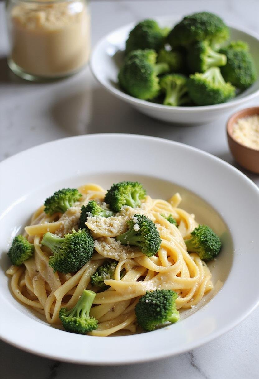 A realistic image of healthy broccoli pasta served in a white bowl on a kitchen counter, featuring broccoli and pasta in a creamy sauce, with fresh ingredients in the background.