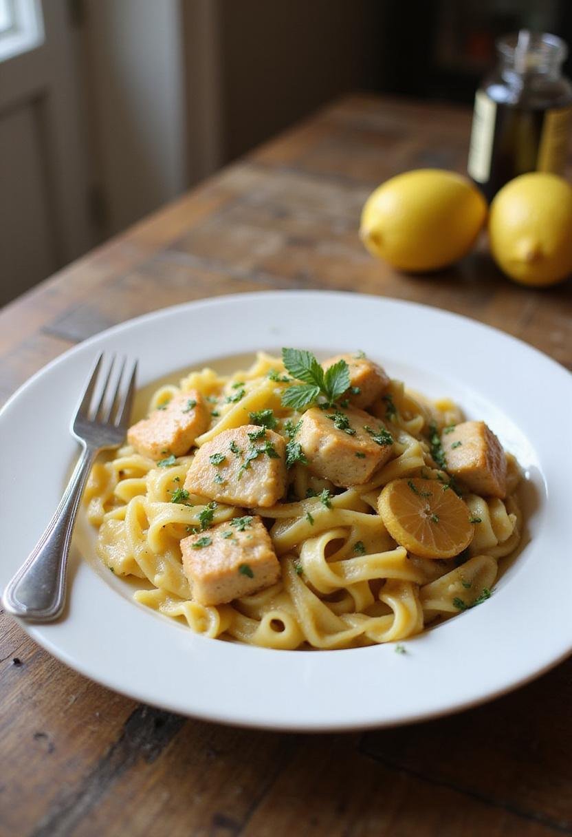 Close-up of Easy Lemon Chicken Pasta on a white plate in a home kitchen, showing the flavorful lemon sauce, cooked chicken, and fresh herbs for a cozy dining experience.