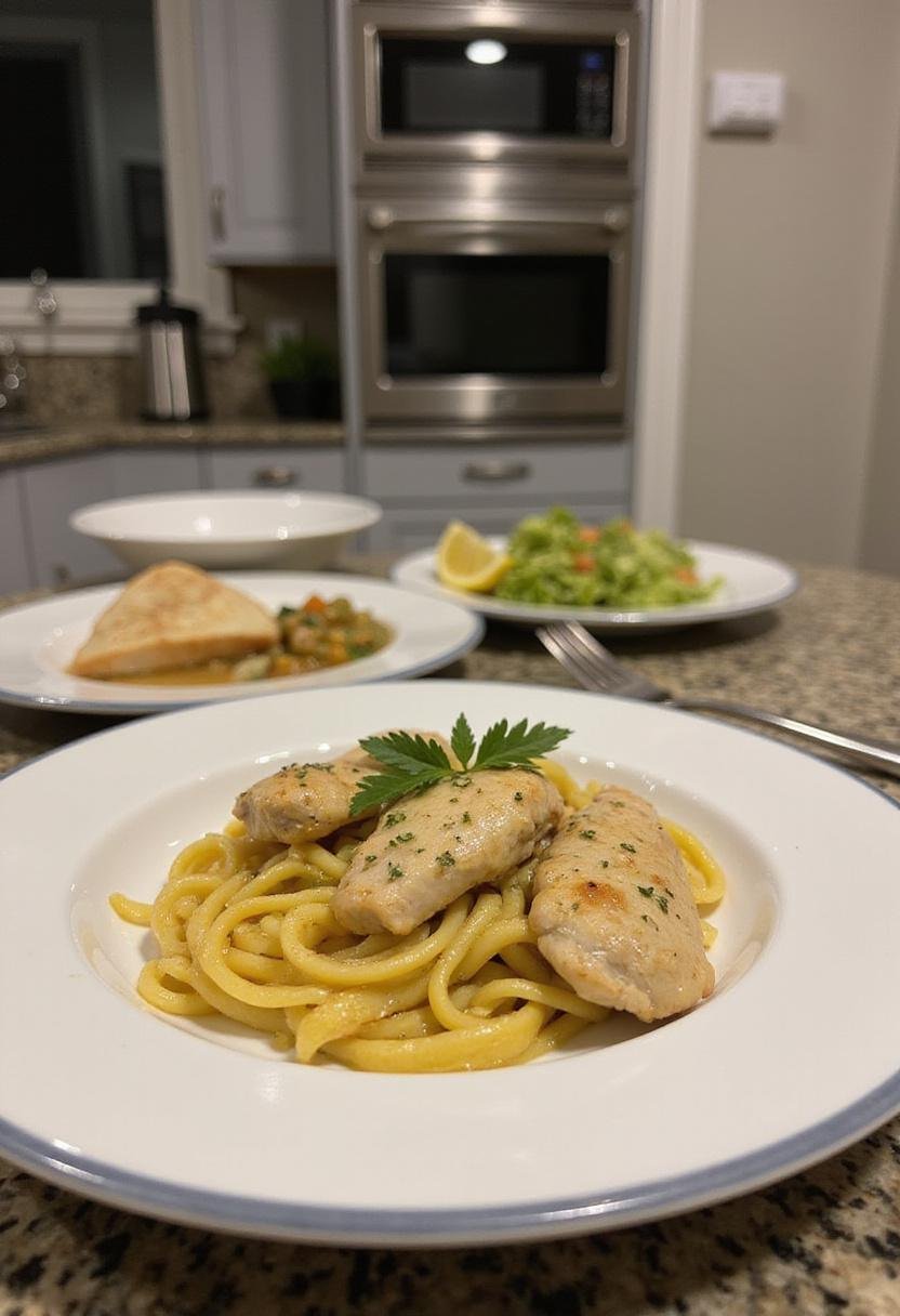 Realistic image of Easy Lemon Chicken Pasta served on a ceramic plate in a kitchen setting, with vibrant lemon sauce, chicken, and herbs, emphasizing a fresh and appetizing presentation.