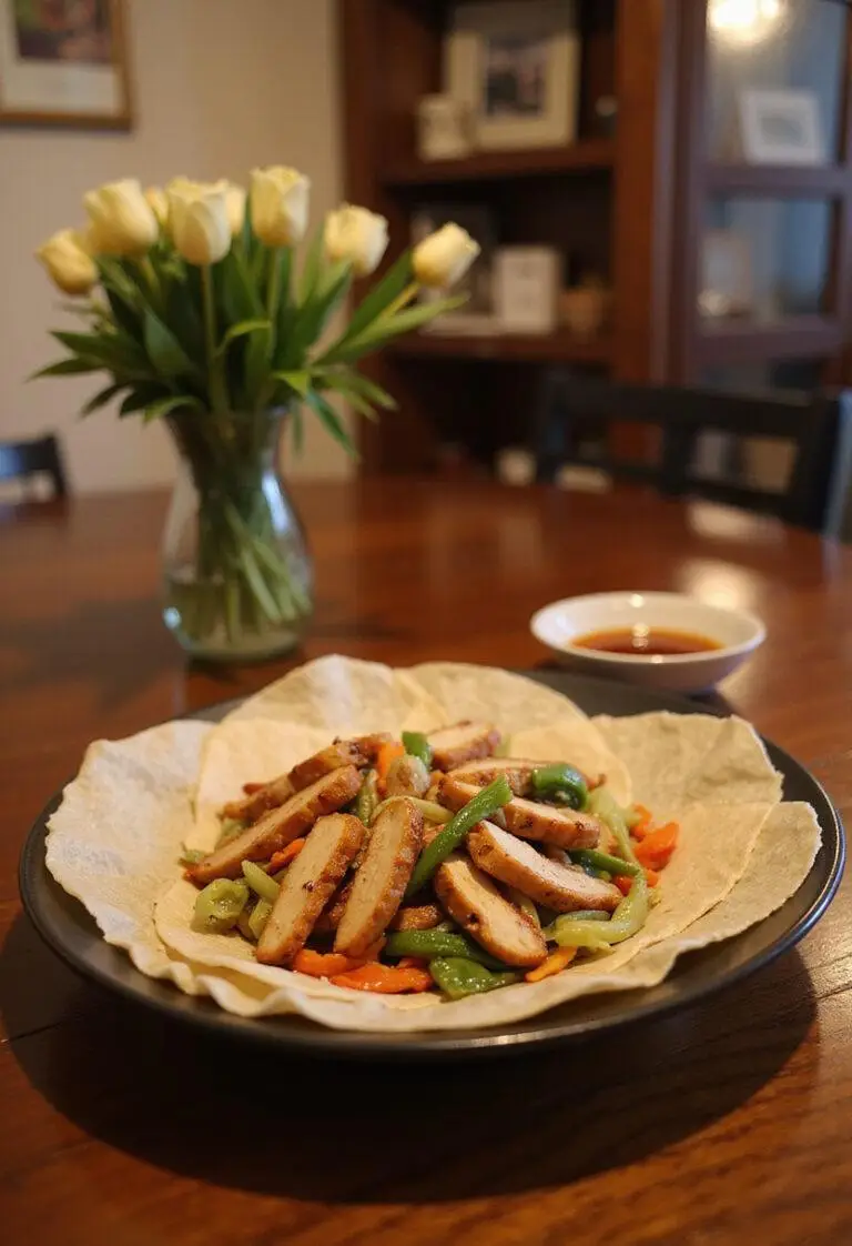 Realistic image of Easy Moo Shu Chicken served on a plate in a cozy home setting, showing sliced chicken with shredded vegetables and pancakes, with warm lighting and home decor background.