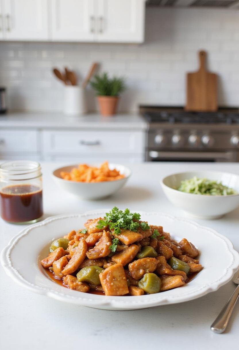 Realistic image of Easy Moo Shu Chicken presented in a kitchen setting, featuring colorful vegetables, sliced chicken, pancakes, and kitchen elements like utensils and backsplash, with bright lighting.