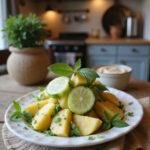 Fresh pineapple cucumber salad served on a white plate in a cozy home kitchen with warm lighting, garnished with mint leaves and surrounded by homely decor like a potted plant and a woven cloth.