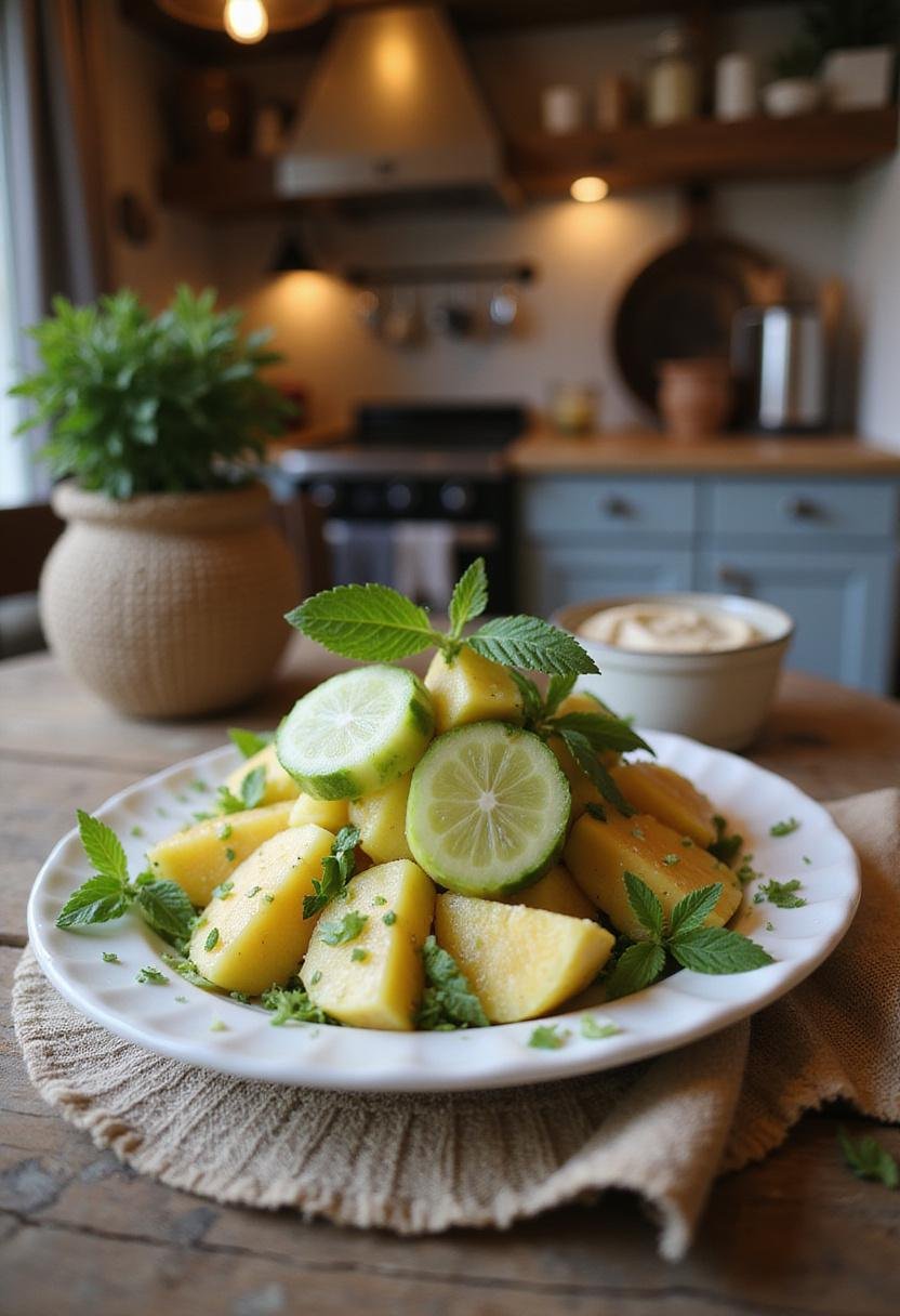 Fresh pineapple cucumber salad served on a white plate in a cozy home kitchen with warm lighting, garnished with mint leaves and surrounded by homely decor like a potted plant and a woven cloth.